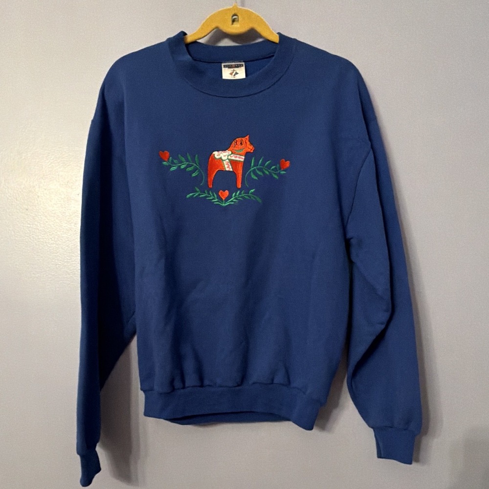Swedish Dala Horse Embroidered Sweatshirt Women M Sweden Scandinavian Vintage